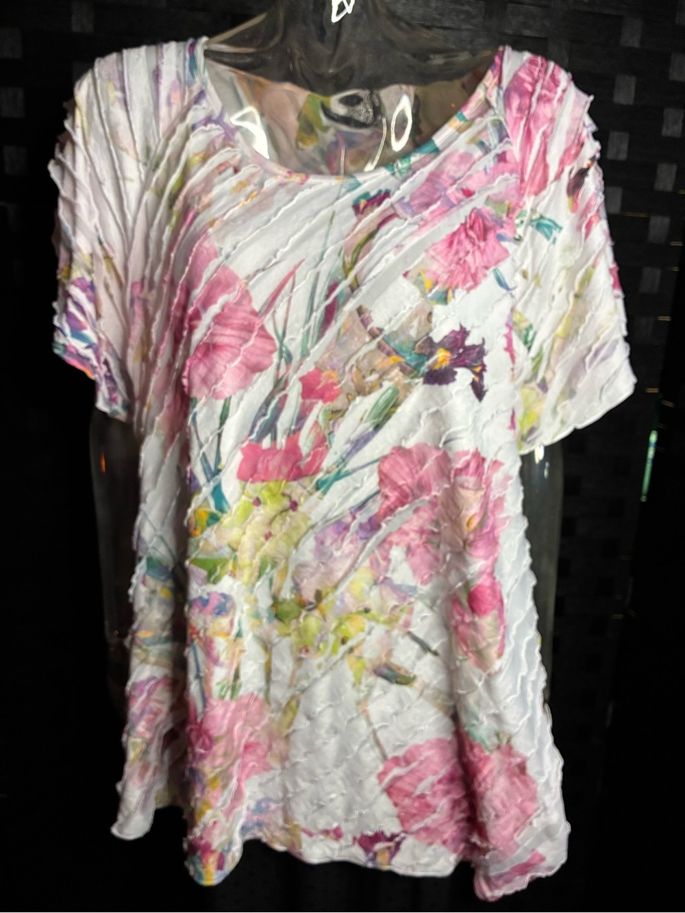 Brittany Black White Short-Sleeve Floral Crinkle Top with Pink Accents